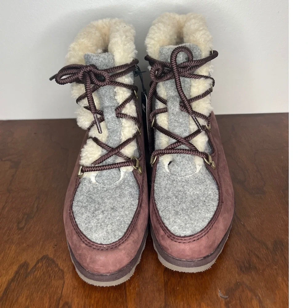 SOREL Sneakchic Alpine Suede Wool Lace Up Fur Lined Ankle Boot Burgundy Womens 8